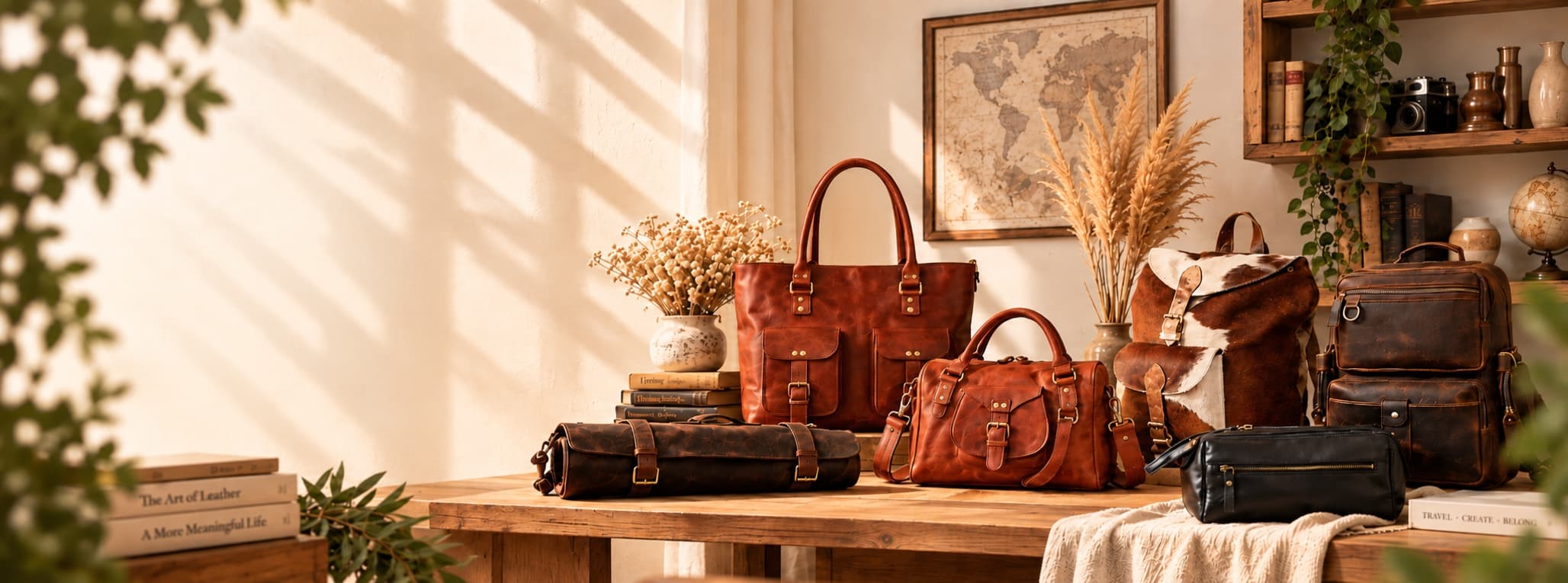 Handmade leather tote, duffle, backpack and travel bags arranged on a sunlit atelier table